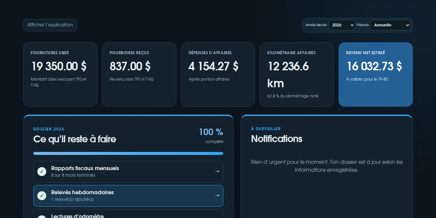 Vrai tableau de bord ChauffeurClair avec un dossier de démonstration en mode sombre