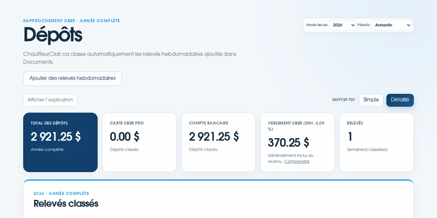 Vraie page Dépôts ChauffeurClair avec un relevé hebdomadaire fictif en mode clair
