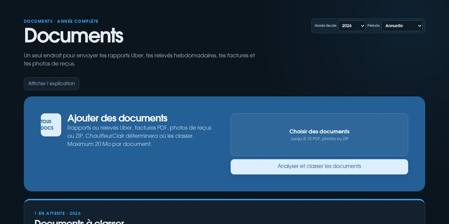 Vraie page Documents ChauffeurClair avec des rapports fictifs en mode sombre