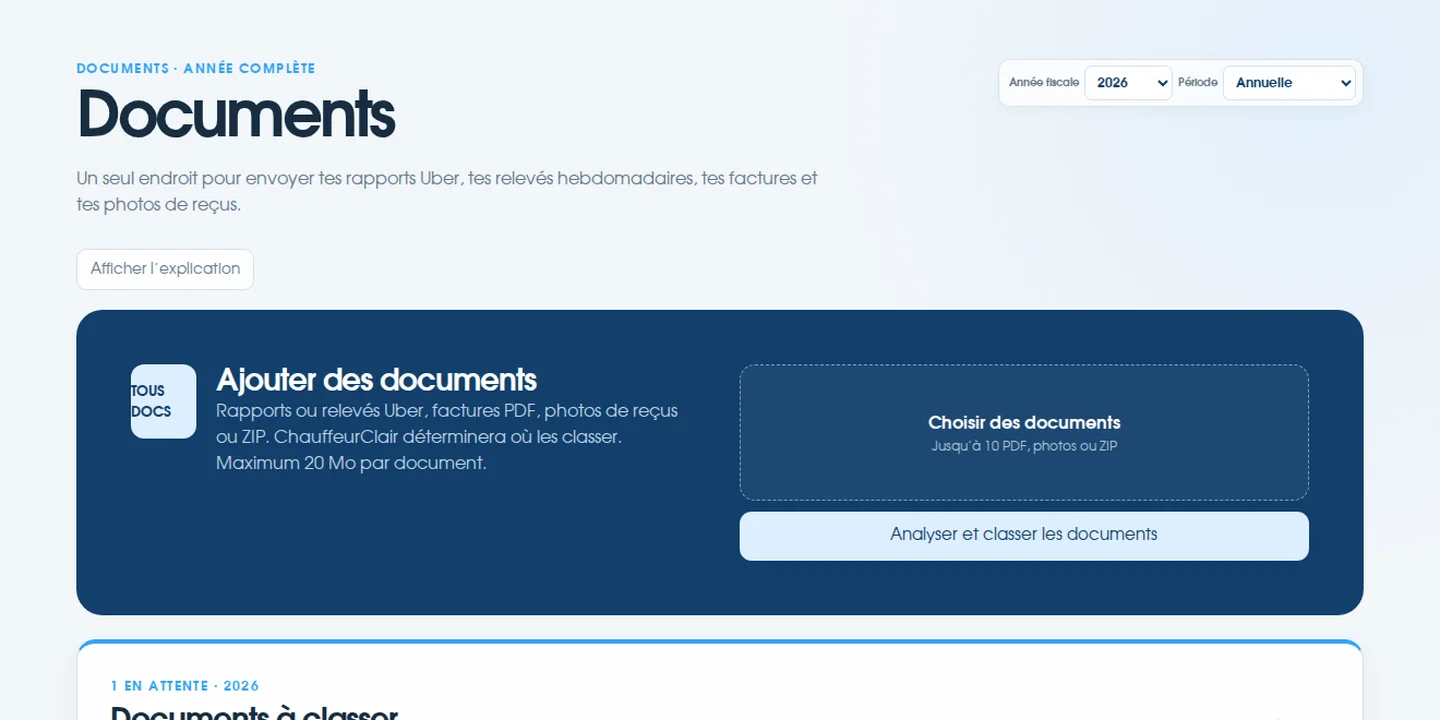 Vraie page Documents ChauffeurClair avec des rapports fictifs en mode clair