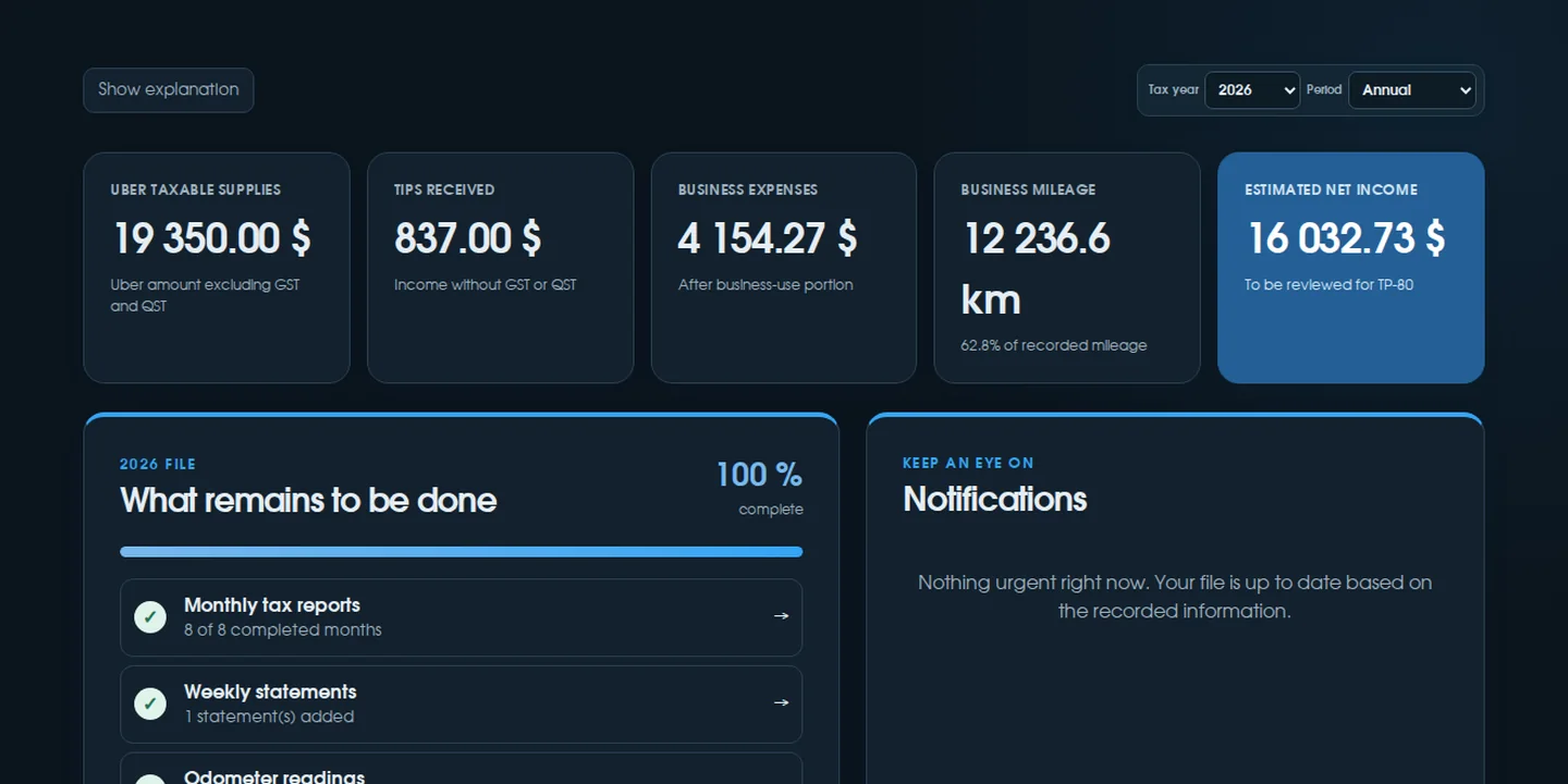 Actual ChauffeurClair dashboard with a demo file in dark mode