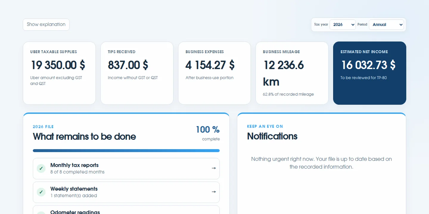 Actual ChauffeurClair dashboard with a demo file in light mode