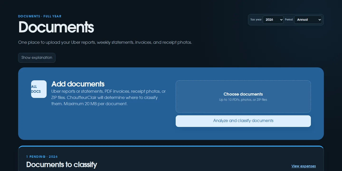 Actual ChauffeurClair Documents page with sample reports in dark mode