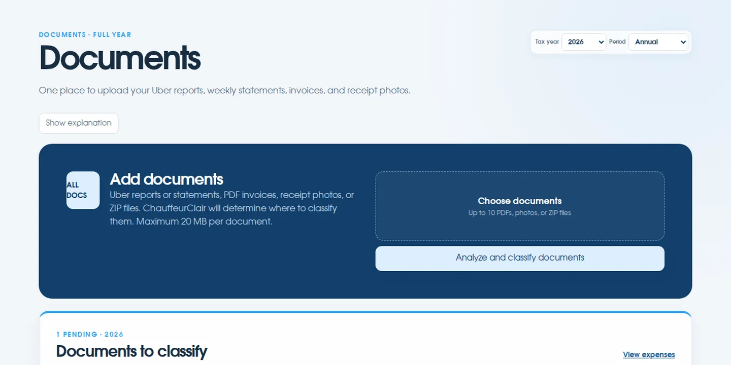 Actual ChauffeurClair Documents page with sample reports in light mode