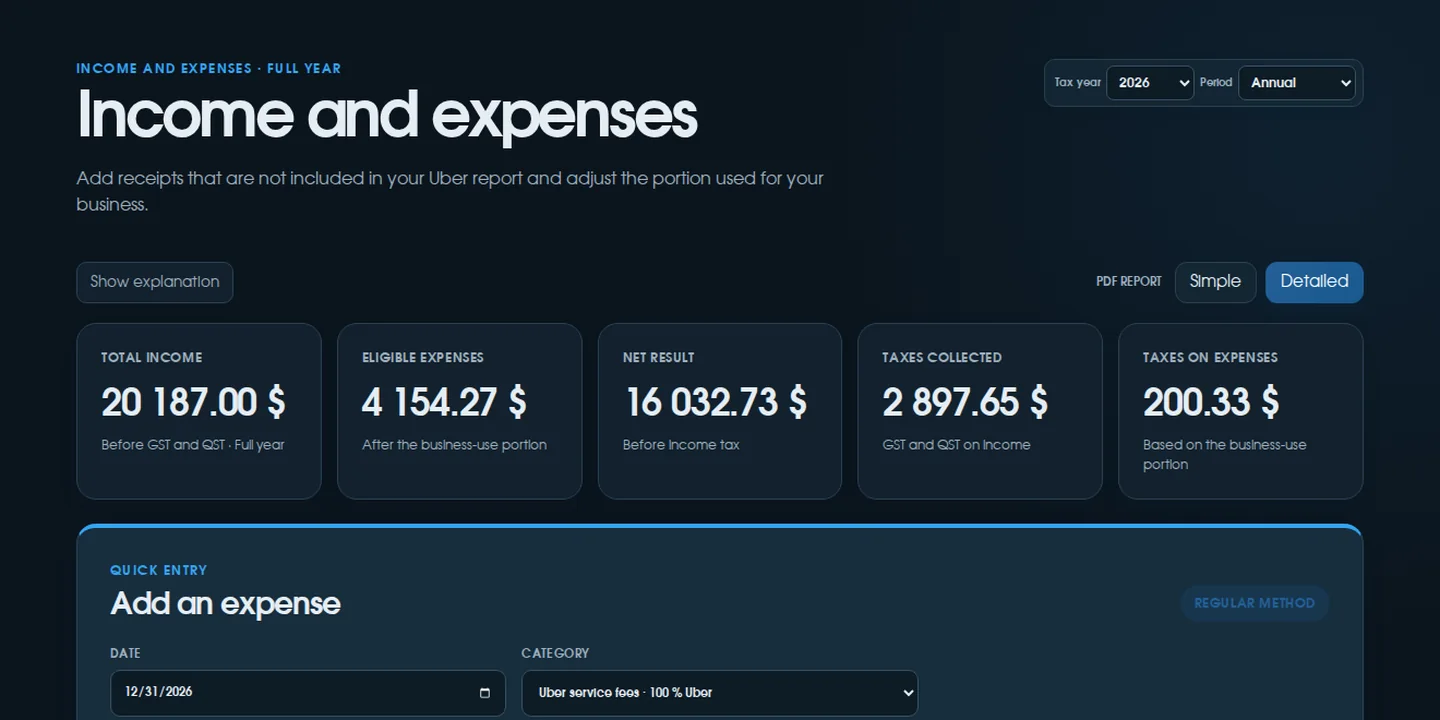 Actual ChauffeurClair Income and expenses page with sample data in dark mode