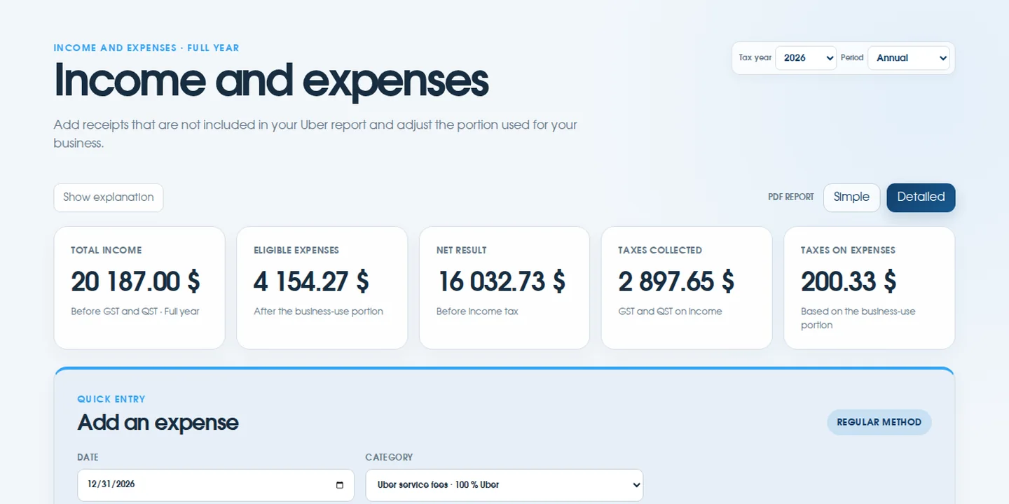 Actual ChauffeurClair Income and expenses page with sample data in light mode
