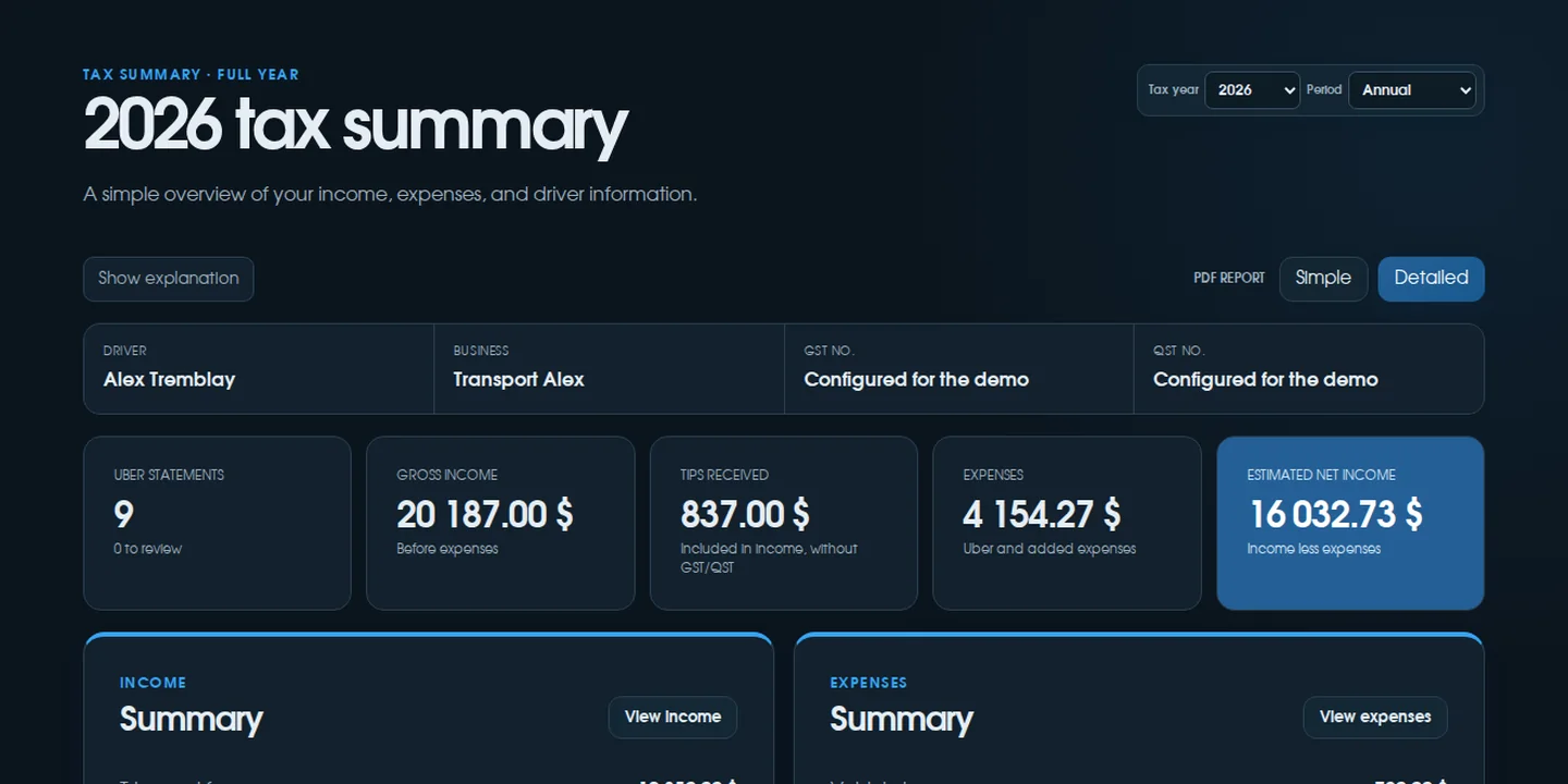 Actual ChauffeurClair Tax summary page with a sample file in dark mode