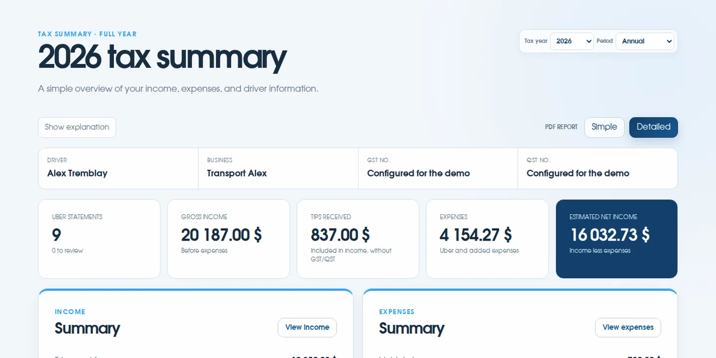 Actual ChauffeurClair Tax summary page with a sample file in light mode