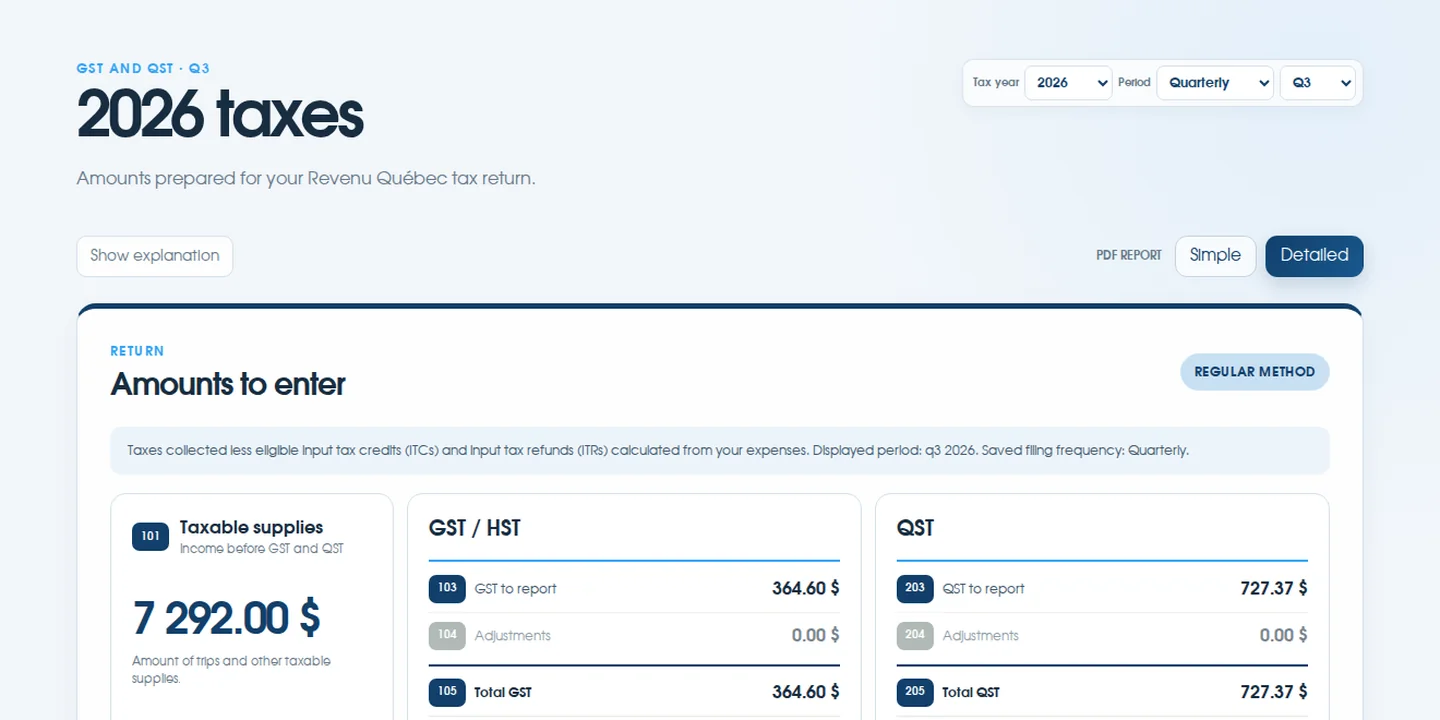 Actual ChauffeurClair GST and QST page with sample calculations in light mode