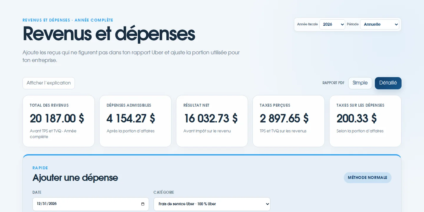 Vraie page Revenus et dépenses ChauffeurClair avec des données fictives en mode clair