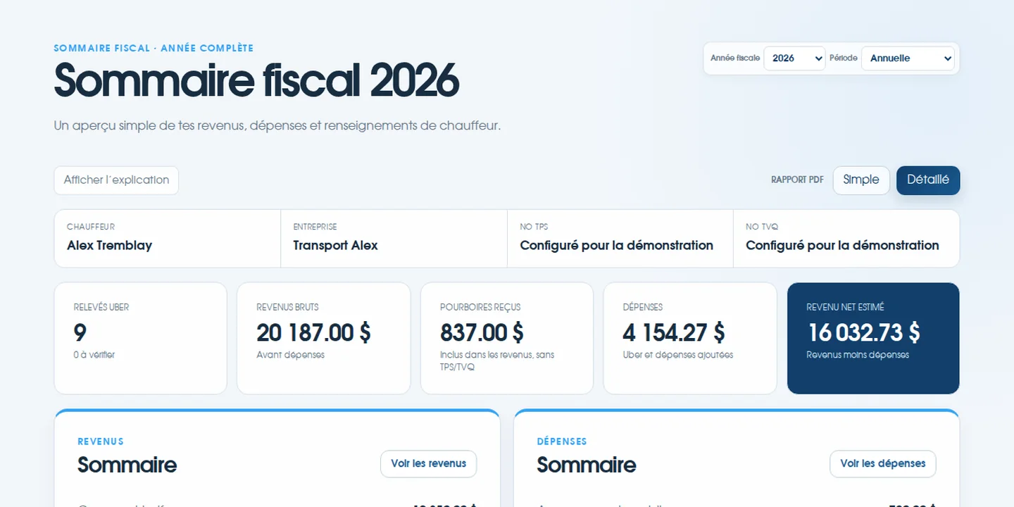 Vraie page Sommaire fiscal ChauffeurClair avec un dossier fictif en mode clair
