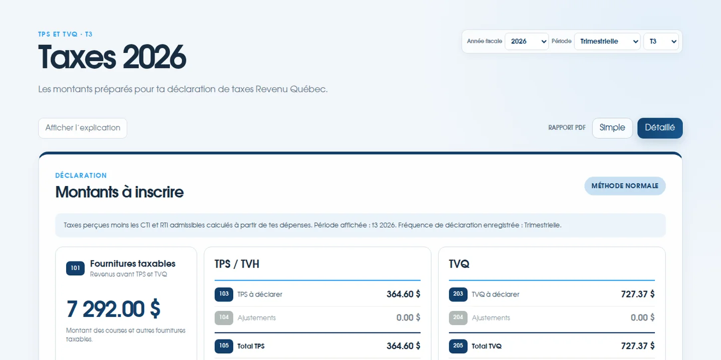 Vraie page TPS et TVQ ChauffeurClair avec des calculs fictifs en mode clair